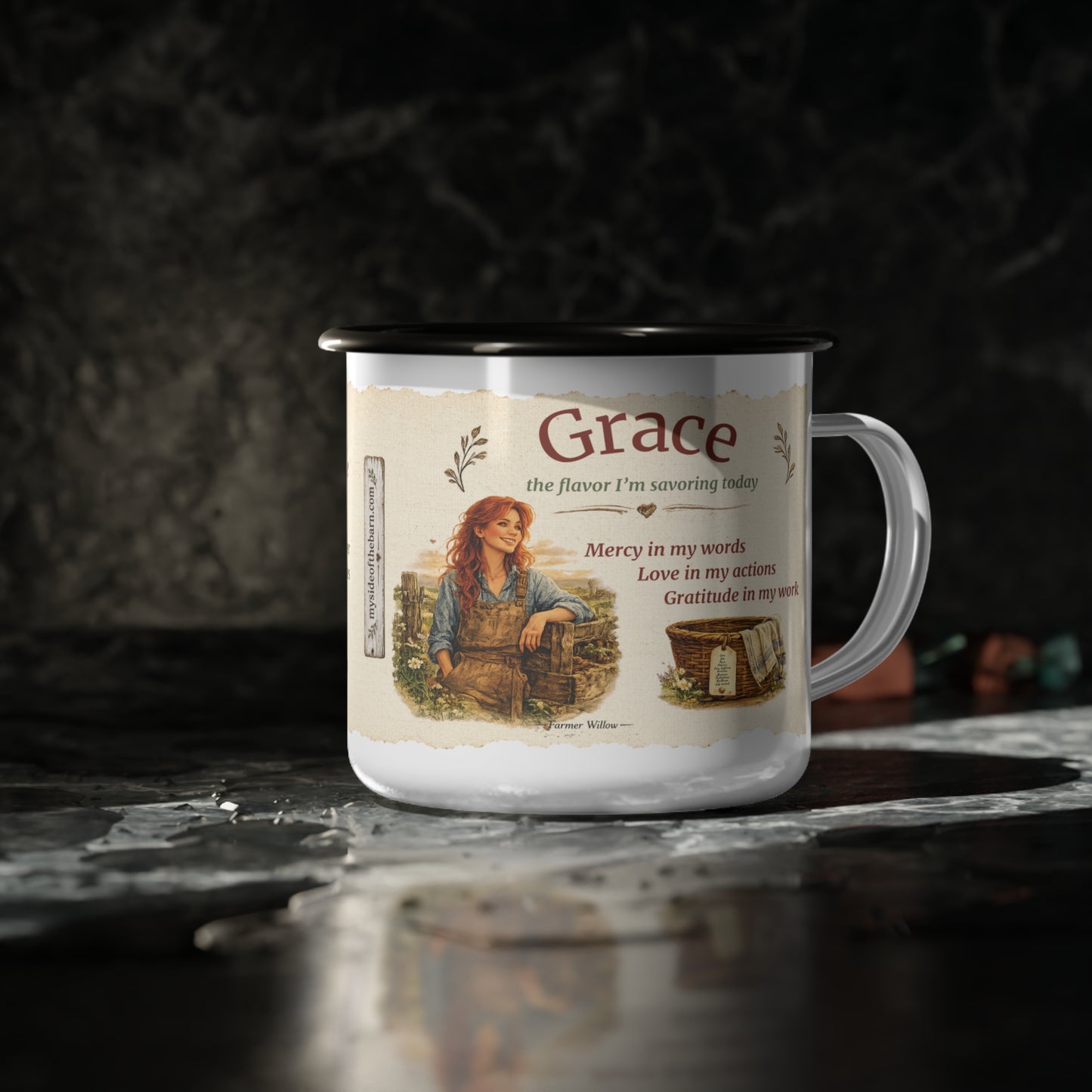 Enamel Camp Mug — 'Farmer Willow' Vintage Farm Boots & Storybook Design