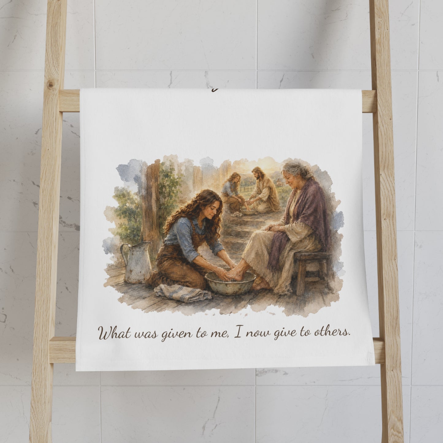 Christian Hand Towel — "We Love Because He First Loved Us" Porch of Kindness Flour Sack Towel