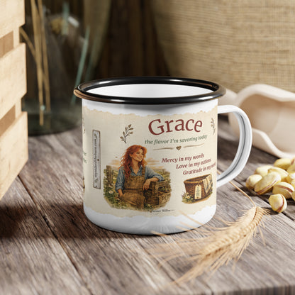 Enamel Camp Mug — 'Farmer Willow' Vintage Farm Boots & Storybook Design