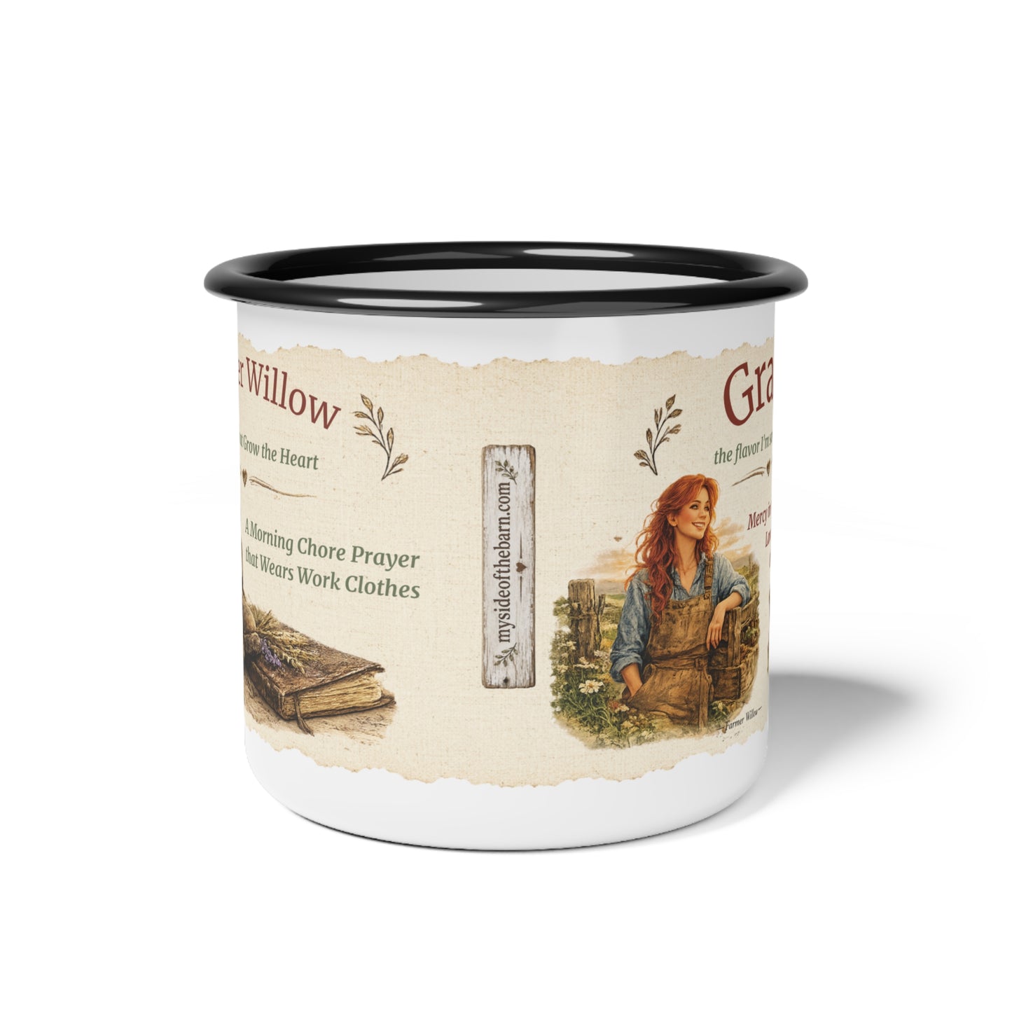 Enamel Camp Mug — 'Farmer Willow' Vintage Farm Boots & Storybook Design
