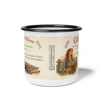 Enamel Camp Mug — 'Farmer Willow' Vintage Farm Boots & Storybook Design