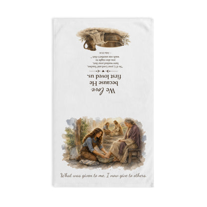 Christian Hand Towel — "We Love Because He First Loved Us" Porch of Kindness Flour Sack Towel