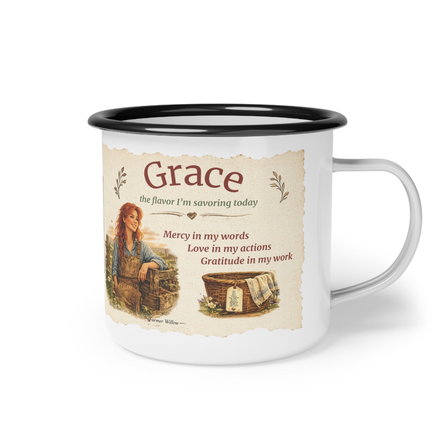 Enamel Camp Mug — 'Farmer Willow' Vintage Farm Boots & Storybook Design