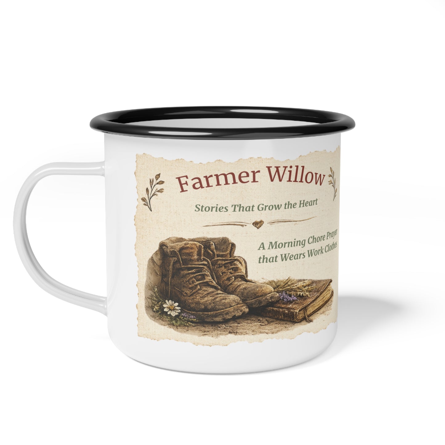 Enamel Camp Mug — 'Farmer Willow' Vintage Farm Boots & Storybook Design