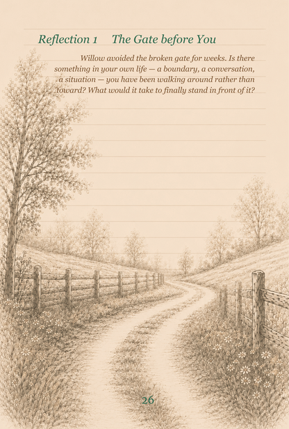 Interior journal page from Willow's Heart, featuring Reflection 1: The Gate Before You, with a guided question about boundaries and a country lane illustration.